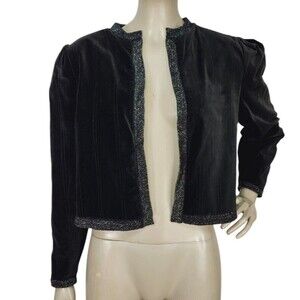 VTG Reversible Black Velvet Purple Metallic Chevron Knit Puff Sleeve Jacket M